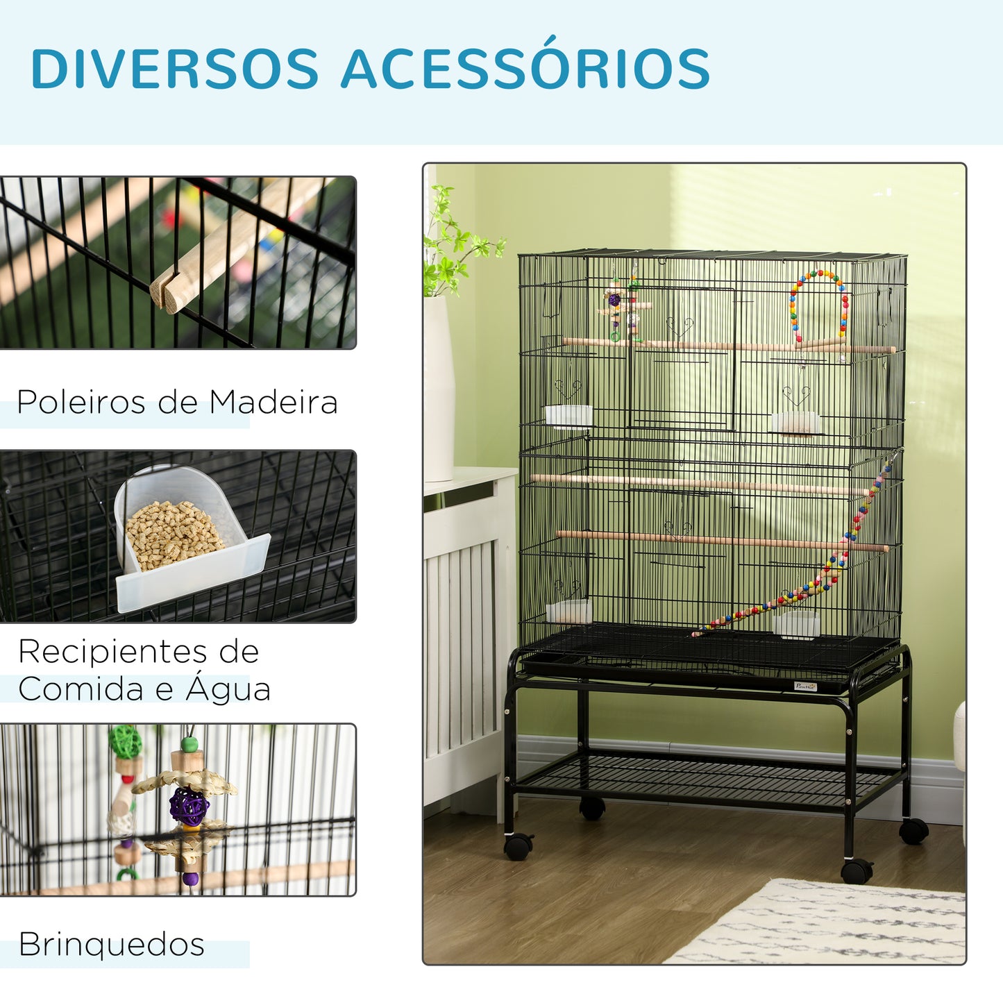 PawHut Gaiola para Pássaros com Rodas 79x49x133 cm Gaiola Metálica Grande com Suporte 4 Comedouros 3 Poleiros Brinquedos Bandeja Amovível e Prateleira para Canários Periquitos Preto