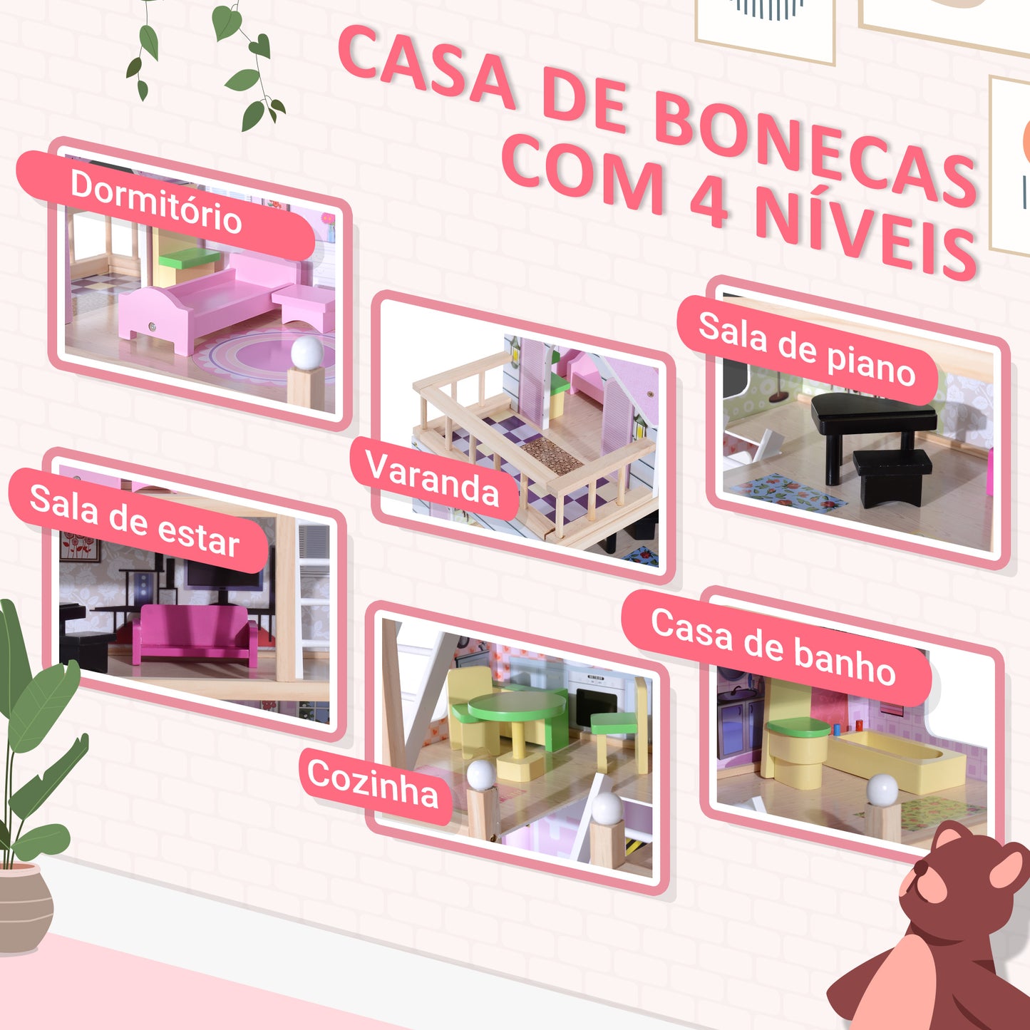 HOMCOM Casa de Bonecas com Móveis e 4 Andares Casa de Bonecas com 13 Acessórios Brinquedo de Imitação 60,5x30x80,5cm Rosa