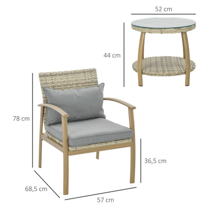 Outsunny Conjunto de Mesa e Cadeiras para Exterior Conjunto de 3 Peças Cadeiras e Mesa em Vime com Estrutura de Alumínio Inclui 2 Cadeiras 1 Mesa de Vidro Temperado e Almofadas Natural e Marróm