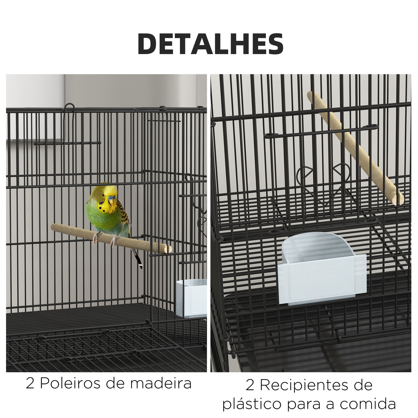 PawHut Gaiola para Pássaros com Rodas 77x46x119 cm Gaiola de Metal para Pássaros com Bandeja Amovível 2 Poleiros 2 Comedouros e Prateleira de Armazenamento para Periquitos Canários Preto