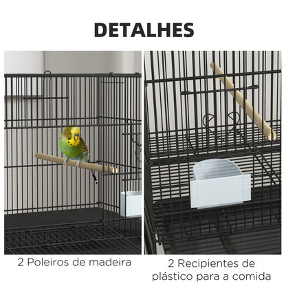 PawHut Gaiola para Pássaros com Rodas 77x46x119 cm Gaiola de Metal para Pássaros com Bandeja Amovível 2 Poleiros 2 Comedouros e Prateleira de Armazenamento para Periquitos Canários Preto