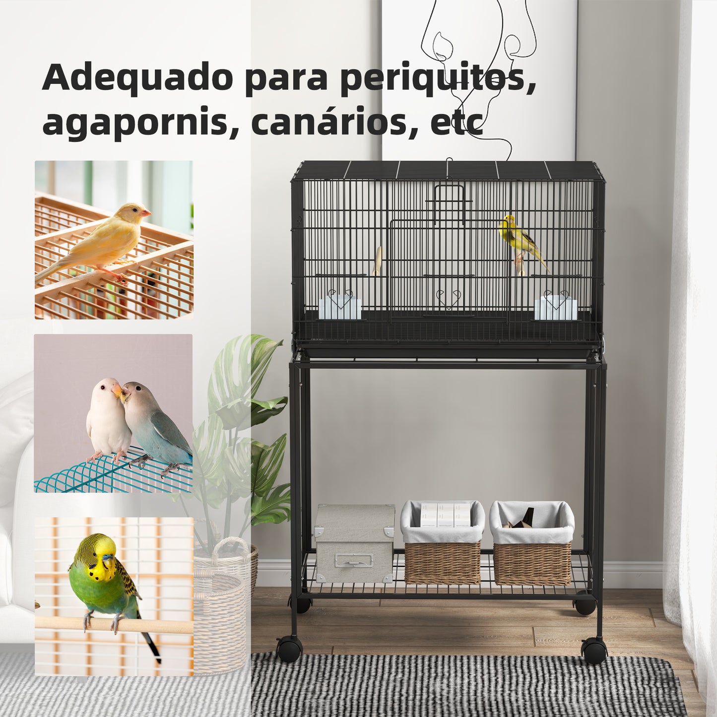 PawHut Gaiola para Pássaros com Rodas 77x46x119 cm Gaiola de Metal para Pássaros com Bandeja Amovível 2 Poleiros 2 Comedouros e Prateleira de Armazenamento para Periquitos Canários Preto