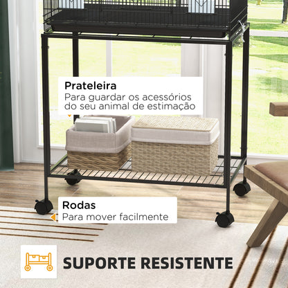 PawHut Gaiola para Pássaros com Rodas 77x46x119 cm Gaiola de Metal para Pássaros com Bandeja Amovível 2 Poleiros 2 Comedouros e Prateleira de Armazenamento para Periquitos Canários Preto