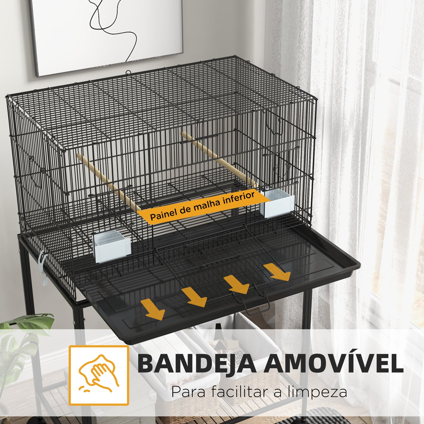 PawHut Gaiola para Pássaros com Rodas 77x46x119 cm Gaiola de Metal para Pássaros com Bandeja Amovível 2 Poleiros 2 Comedouros e Prateleira de Armazenamento para Periquitos Canários Preto