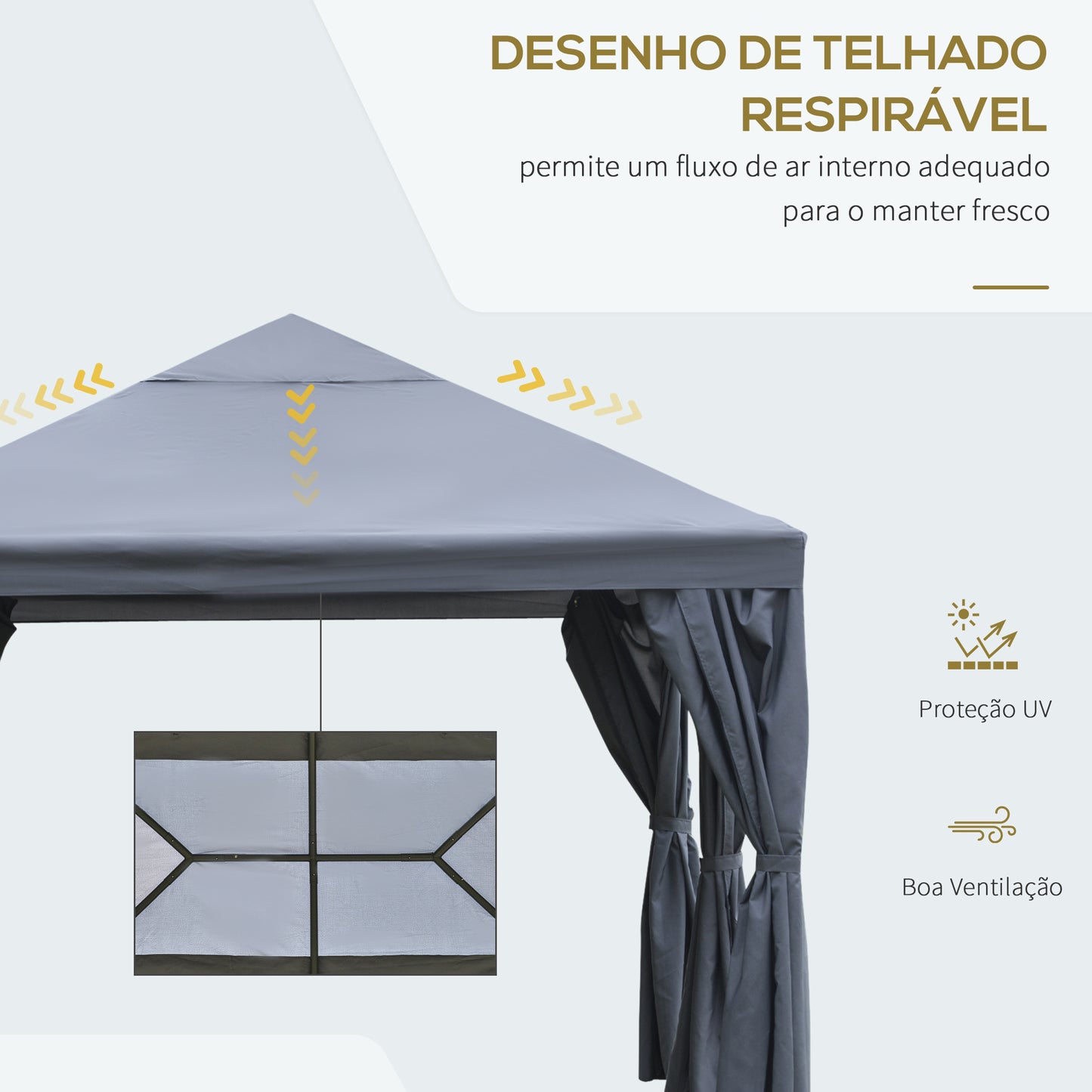 Outsunny Pérgola 4x3 m Pérgola com 6 Cortinas com Zíper Teto com Ventilação 8 Orifícios de Drenagem para Festas Reuniões ao Ar Livre Cinza