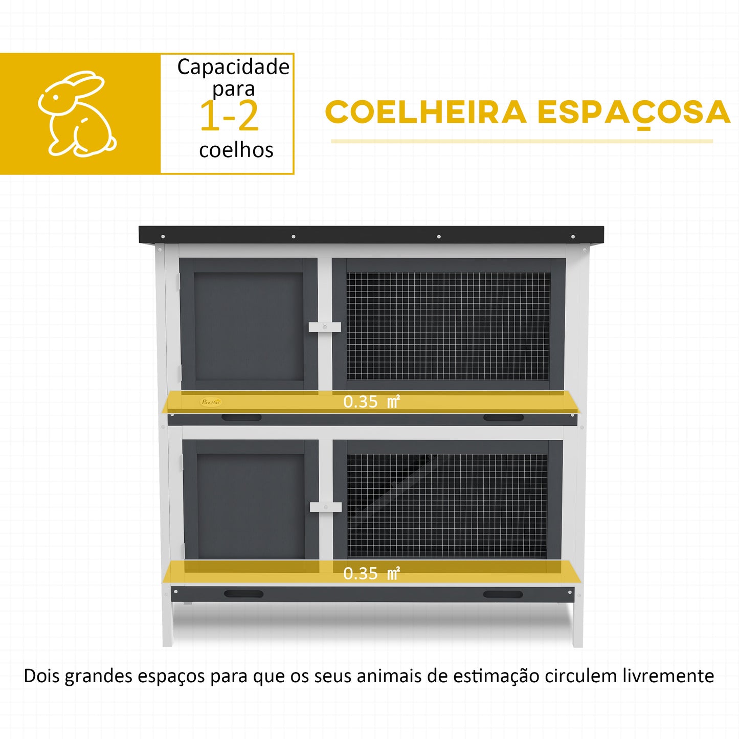 PawHut Coelheira de Madeira Gaiola para Coelhos de 2 Pisos 97x44x91 cm com Teto Asfáltico Portas com Trava Bandejas Amovíveis e Rampa para 2 Coelhos Cinza