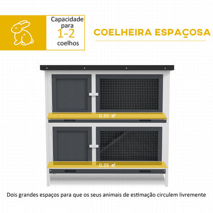 PawHut Coelheira de Madeira Gaiola para Coelhos de 2 Pisos 97x44x91 cm com Teto Asfáltico Portas com Trava Bandejas Amovíveis e Rampa para 2 Coelhos Cinza