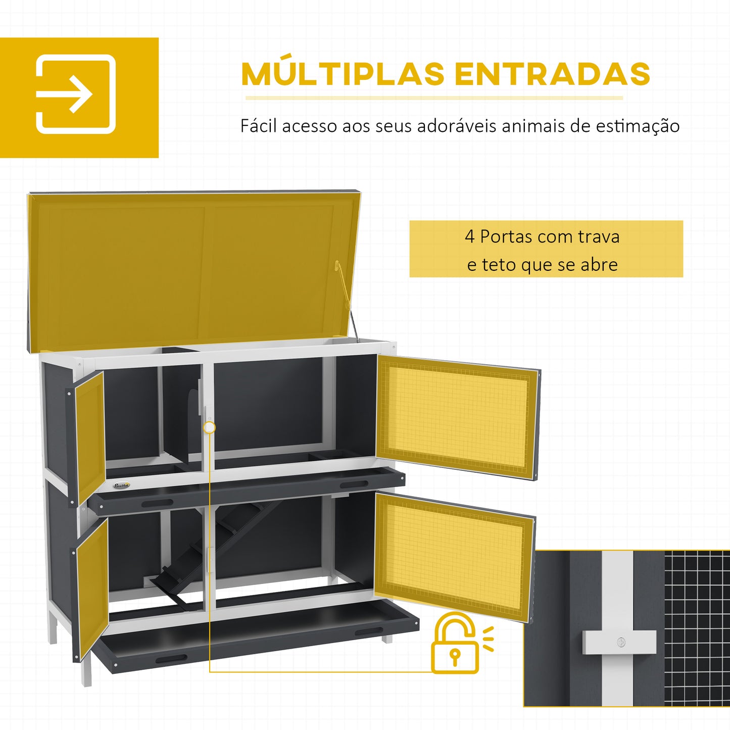 PawHut Coelheira de Madeira Gaiola para Coelhos de 2 Pisos 97x44x91 cm com Teto Asfáltico Portas com Trava Bandejas Amovíveis e Rampa para 2 Coelhos Cinza