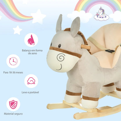 Baloiço Infantil em Forma de Burro de Pelúcia para Bebés 18-36 Meses com Som Cinto de Segurança Guidão Apoio para os Pés 61x34x58 cm Cinza