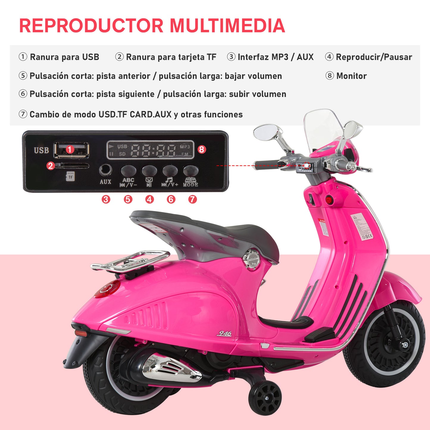 HOMCOM Mota Elétrica Vespa com Faróis Música 2 Rodas Auxiliares para Crianças acima de 3 Anos Mota Elétrica Infantil 108x49x75 cm Rosa