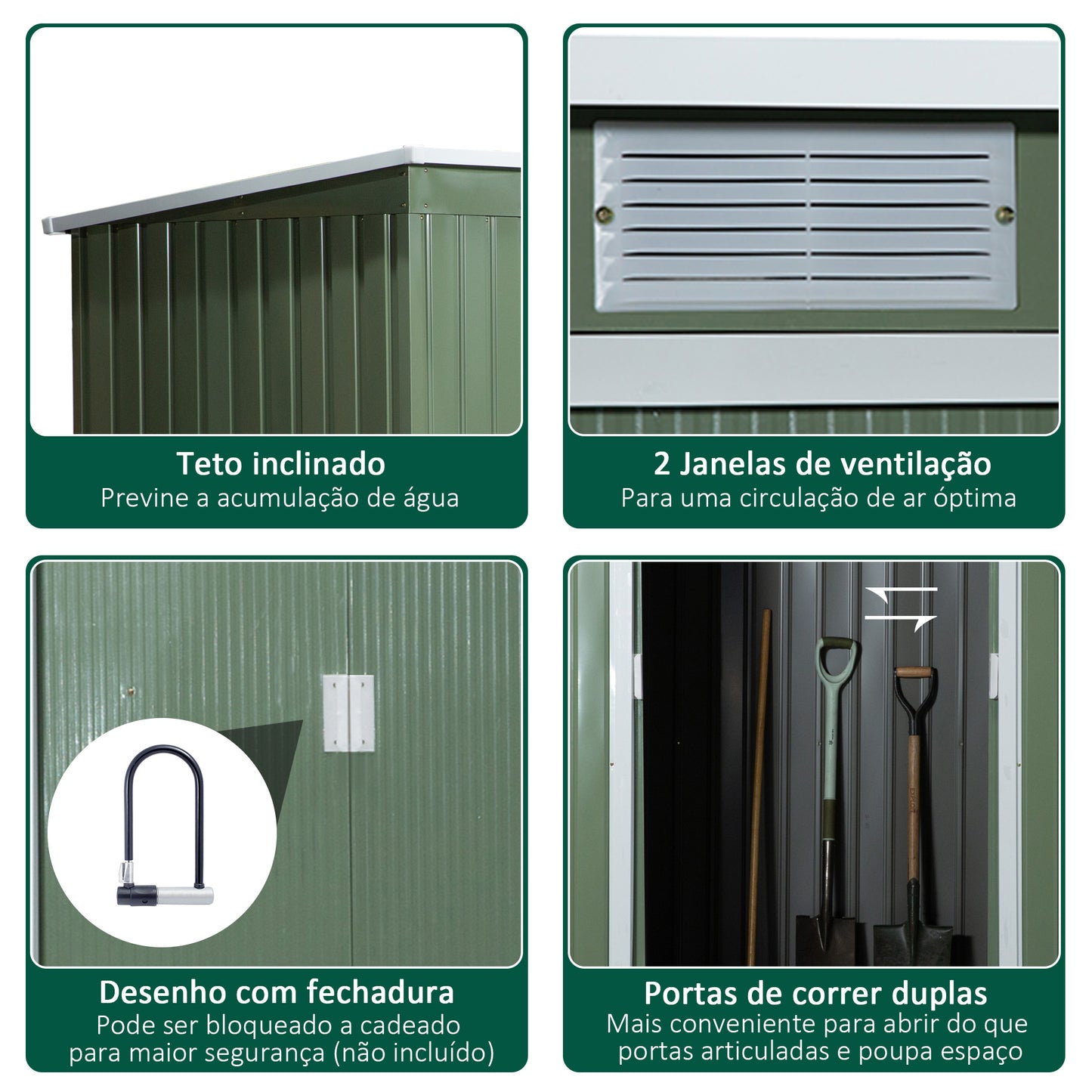 Outsunny Abrigo de Jardim 280x130x172cm Abrigo de Exterior de Aço Galvanizado com Porta Corredeira e Ventilações para Armazenamento de Ferramentas Verde Claro