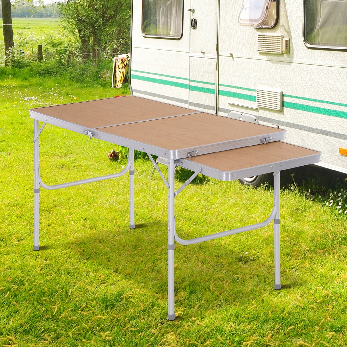 Outsunny Mesa de acampamento dobrável com asa dobrável Mesa de piquenique leve em estrutura de alumínio Carga 30kg Altura ajustável 120x60x40 / 70 cm