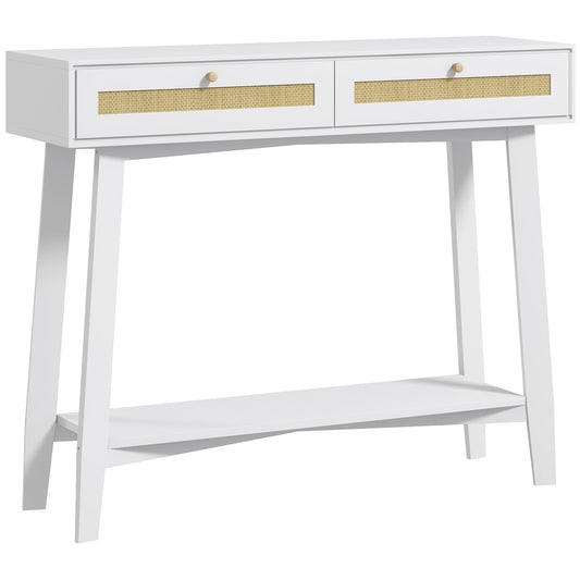 HOMCOM Mesa Consola para Entrada Mesa de Entrada com 2 Gavetas de Desenho de Vime e Prateleira Aberta para Sala Corredor 100x30x81 cm Branco