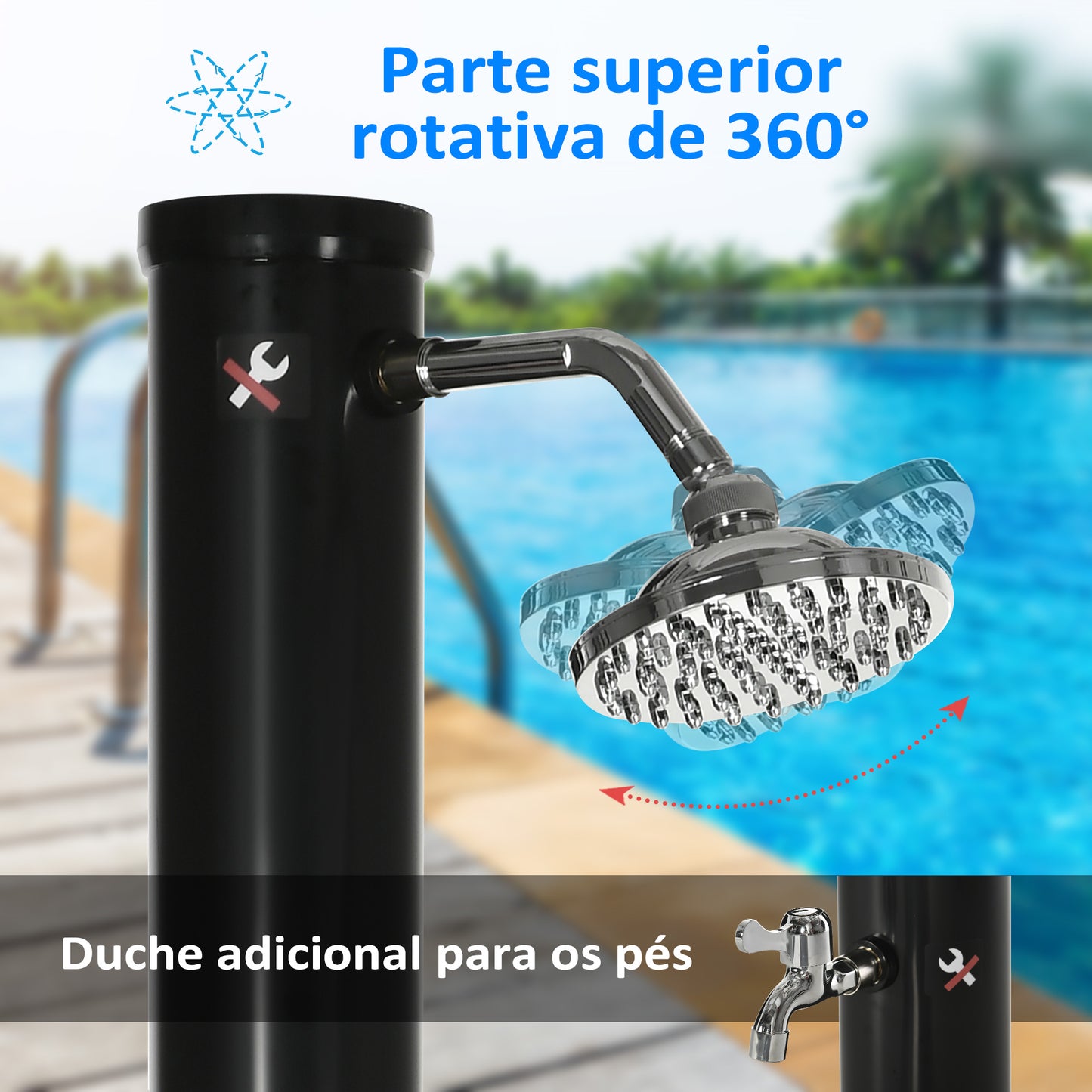 Outsunny Duche Solar de Jardim 20L Duche de Exterior com Cabeçal Redondo Torneira de Água Quente Máximo 60℃ e Duche de Pés para Piscina Pátio Praia 15,5x15,5x222 cm Preto