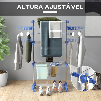 HOMCOM Estendal para Roupa Dobrável 80x55x152cm com 6 Rodas e 3 Prateleiras com Altura Ajustável de Aço Inoxidável Prata e Azul