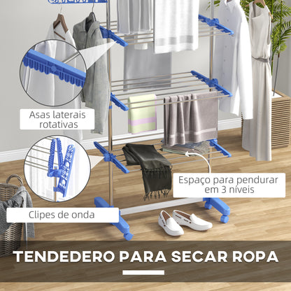 HOMCOM Estendal para Roupa Dobrável 80x55x152cm com 6 Rodas e 3 Prateleiras com Altura Ajustável de Aço Inoxidável Prata e Azul