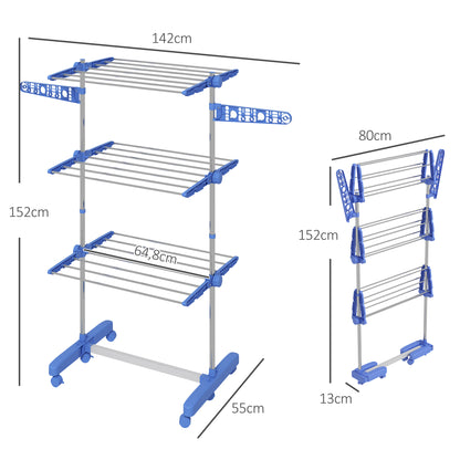 HOMCOM Estendal para Roupa Dobrável 80x55x152cm com 6 Rodas e 3 Prateleiras com Altura Ajustável de Aço Inoxidável Prata e Azul