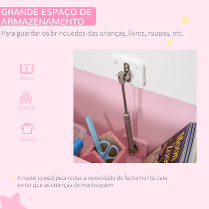 HOMCOM Baú de Brinquedos Banco de Armazenamento Infantil de Madeira de Pinho com Tampa de Amortecimento e Encosto Alto para Crianças acima de 2 anos Sala de Jogos Habitação 60x30x50 cm Rosa