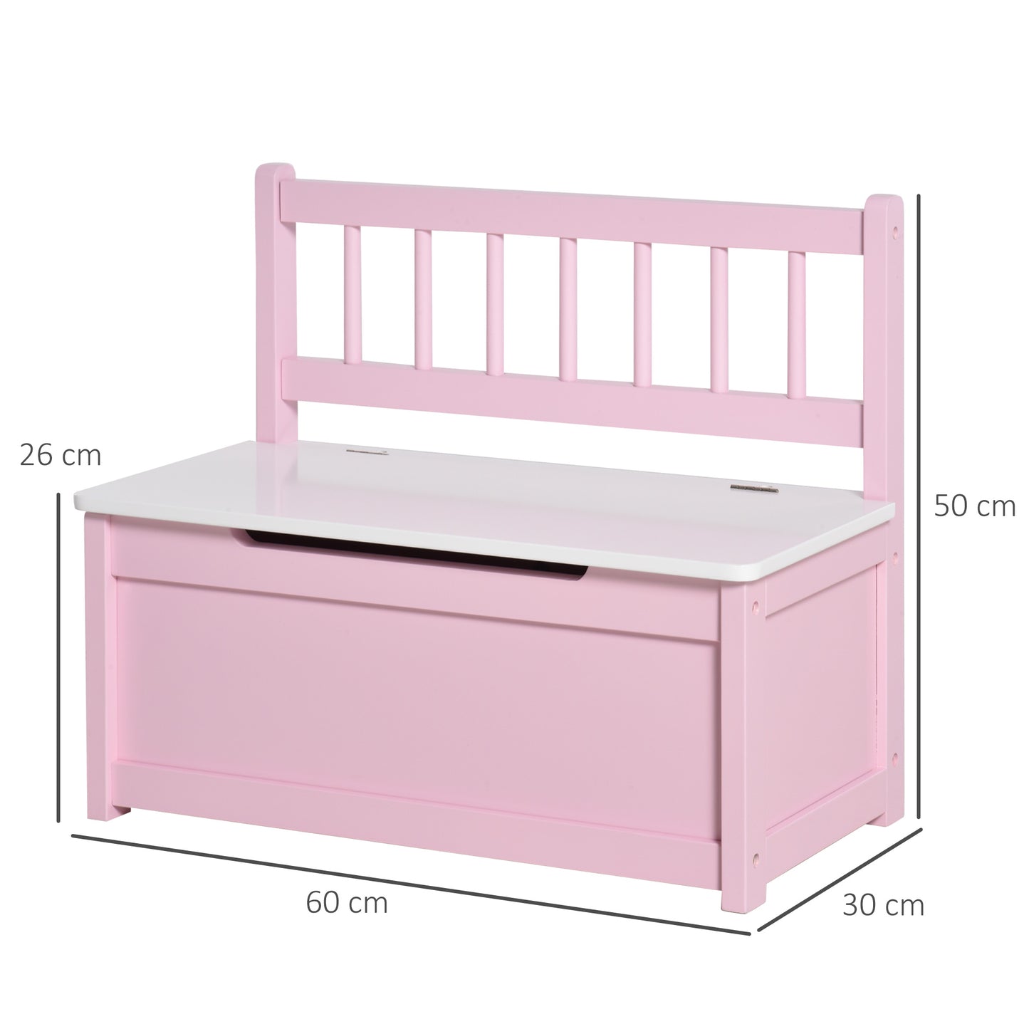 HOMCOM Baú de Brinquedos Banco de Armazenamento Infantil de Madeira de Pinho com Tampa de Amortecimento e Encosto Alto para Crianças acima de 2 anos Sala de Jogos Habitação 60x30x50 cm Rosa