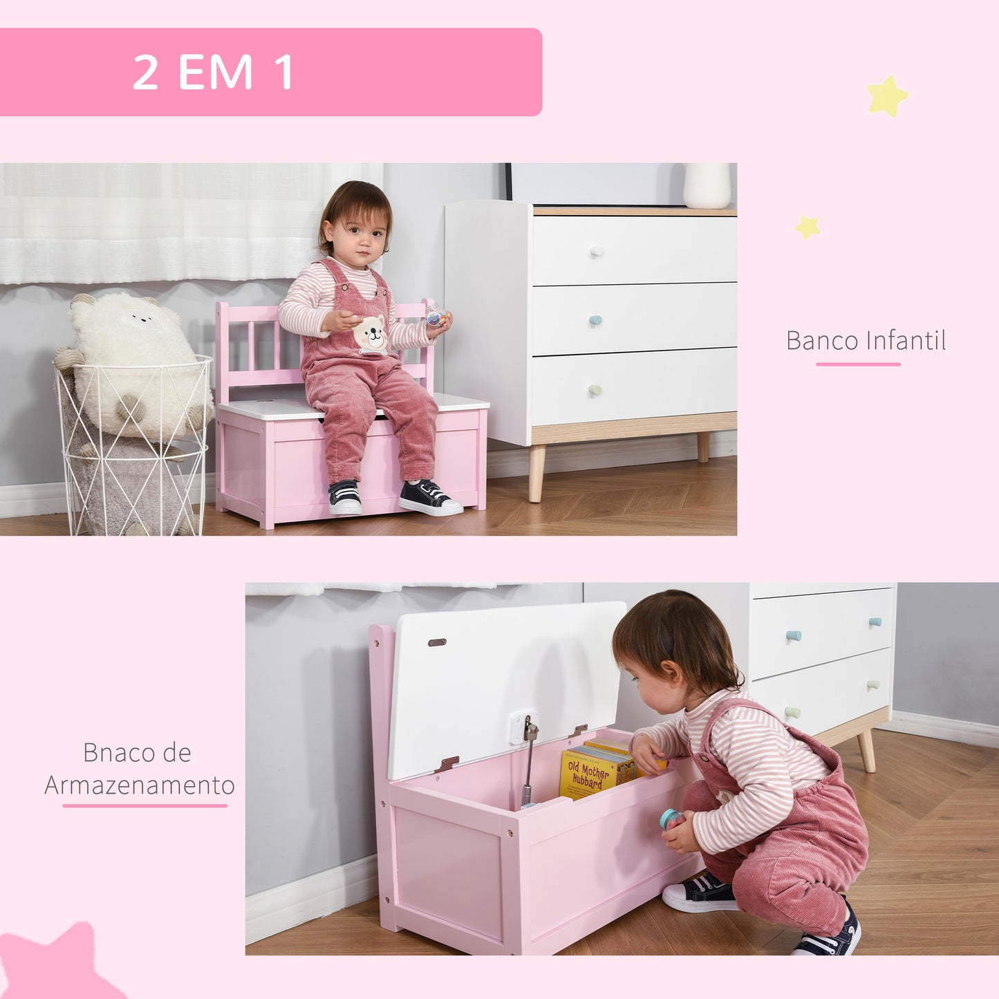 HOMCOM Baú de Brinquedos Banco de Armazenamento Infantil de Madeira de Pinho com Tampa de Amortecimento e Encosto Alto para Crianças acima de 2 anos Sala de Jogos Habitação 60x30x50 cm Rosa