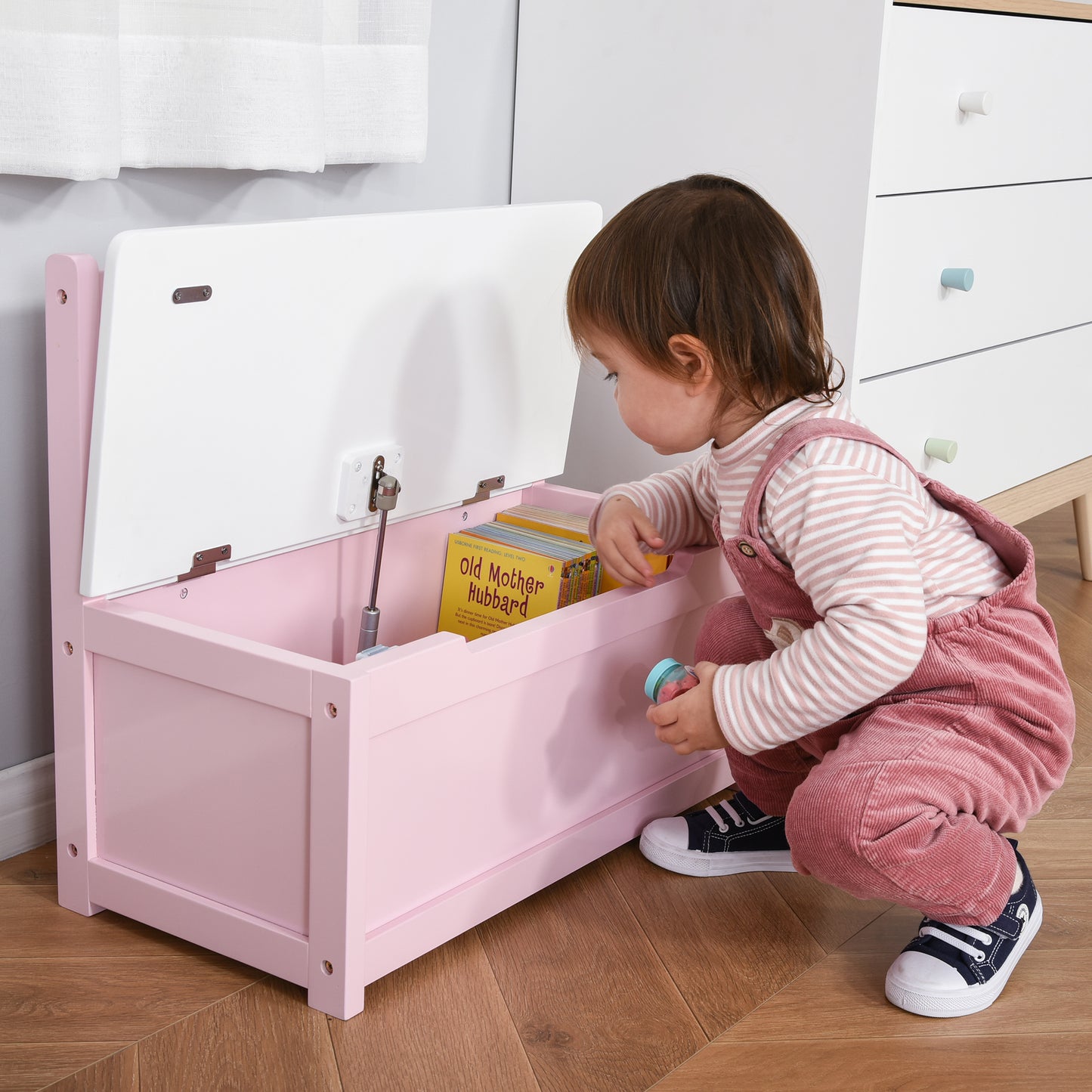 HOMCOM Baú de Brinquedos Banco de Armazenamento Infantil de Madeira de Pinho com Tampa de Amortecimento e Encosto Alto para Crianças acima de 2 anos Sala de Jogos Habitação 60x30x50 cm Rosa