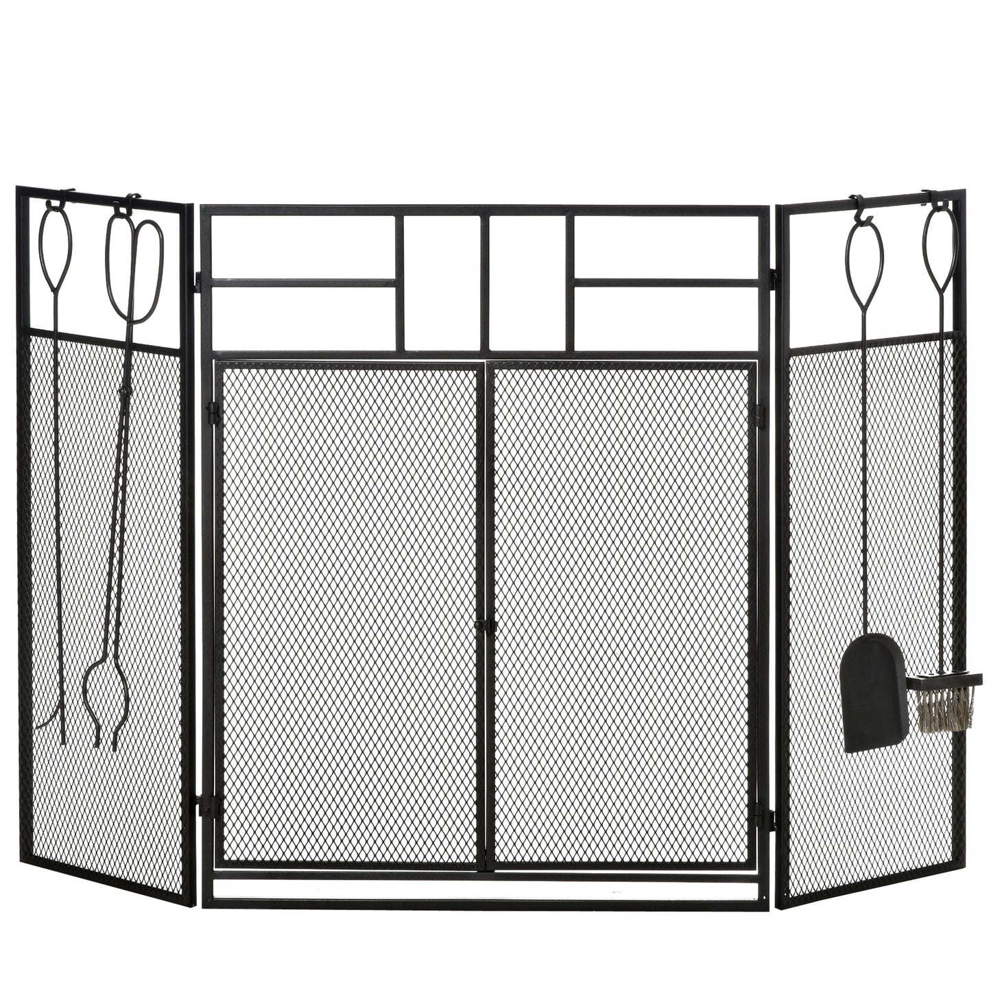 HOMCOM Frente para Lareira Dobrável Proteção para Lareira de 3 Painéis com Dupla Porta 4 Ferramentas e Gancho Estrutura de Metal 122x2x79cm Preto