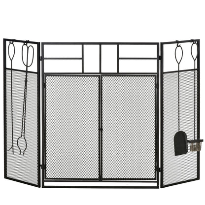 HOMCOM Frente para Lareira Dobrável Proteção para Lareira de 3 Painéis com Dupla Porta 4 Ferramentas e Gancho Estrutura de Metal 122x2x79cm Preto