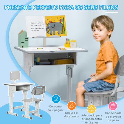 HOMCOM Conjunto de Secretária e Cadeira para Crianças de 6-12 Anos Secretária Infantil com Altura Ajustável 1 Gaveta 1 Suporte para Lápis e 1 Prateleira para Livros 60x45x90-120 cm Cinza