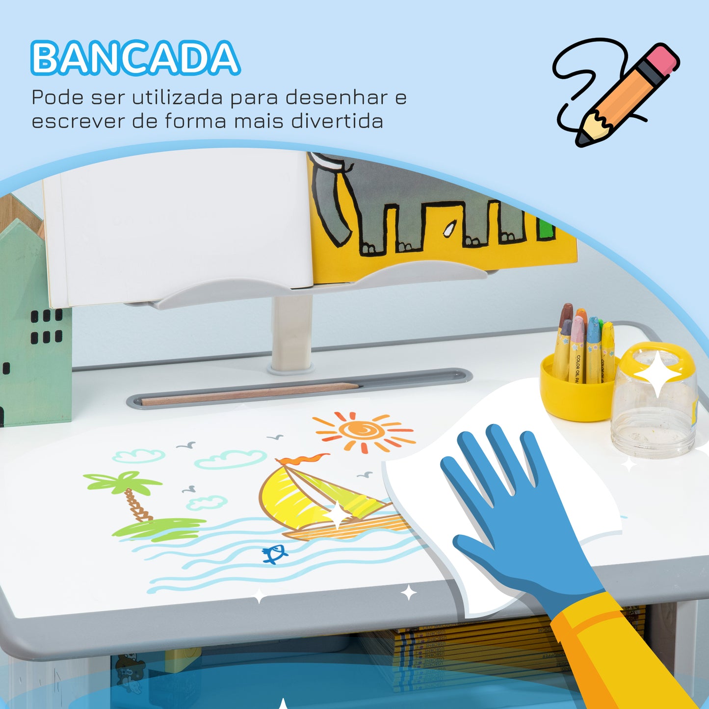 HOMCOM Conjunto de Secretária e Cadeira para Crianças de 6-12 Anos Secretária Infantil com Altura Ajustável 1 Gaveta 1 Suporte para Lápis e 1 Prateleira para Livros 60x45x90-120 cm Cinza