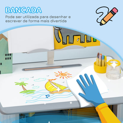 HOMCOM Conjunto de Secretária e Cadeira para Crianças de 6-12 Anos Secretária Infantil com Altura Ajustável 1 Gaveta 1 Suporte para Lápis e 1 Prateleira para Livros 60x45x90-120 cm Cinza