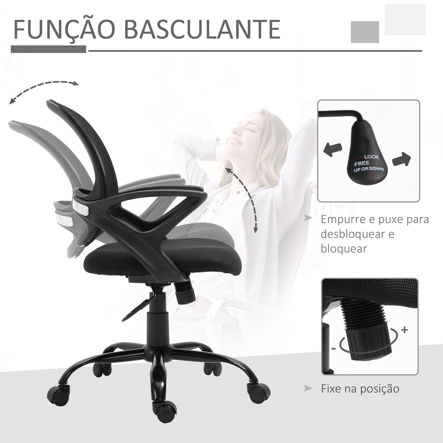 Vinsetto Cadeira de Oficina Ergonômica Cadeira de Escritório Basculante com Altura Ajustável Assento Giratório 360° Suporte e Lombar Malha Transpirável 61x61x89-99cm Preto