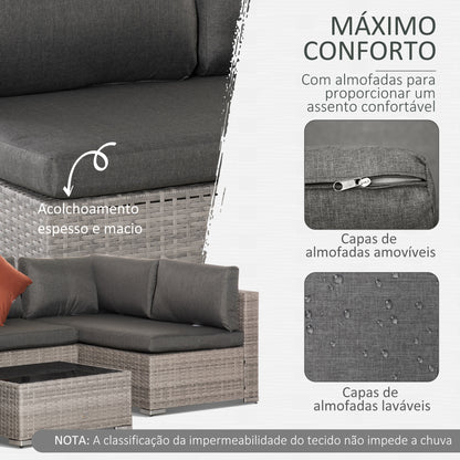 Outsunny Conjunto de Móveis de Jardim de Vime 4 Peças Mesa de Centro Sofá Duplo e 2 Sofás Laterais com Almofadas Amovíveis para Terraço Exterior Cinza