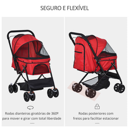 PawHut Carrinho para Animais de Estimação Dobrável Carro para Cães e Gatos com Capô Ajustável Cesta de Armazenamento Cinto de Segurança Tecido Oxford 600D Aço 76,5x52x95cm Vermelho