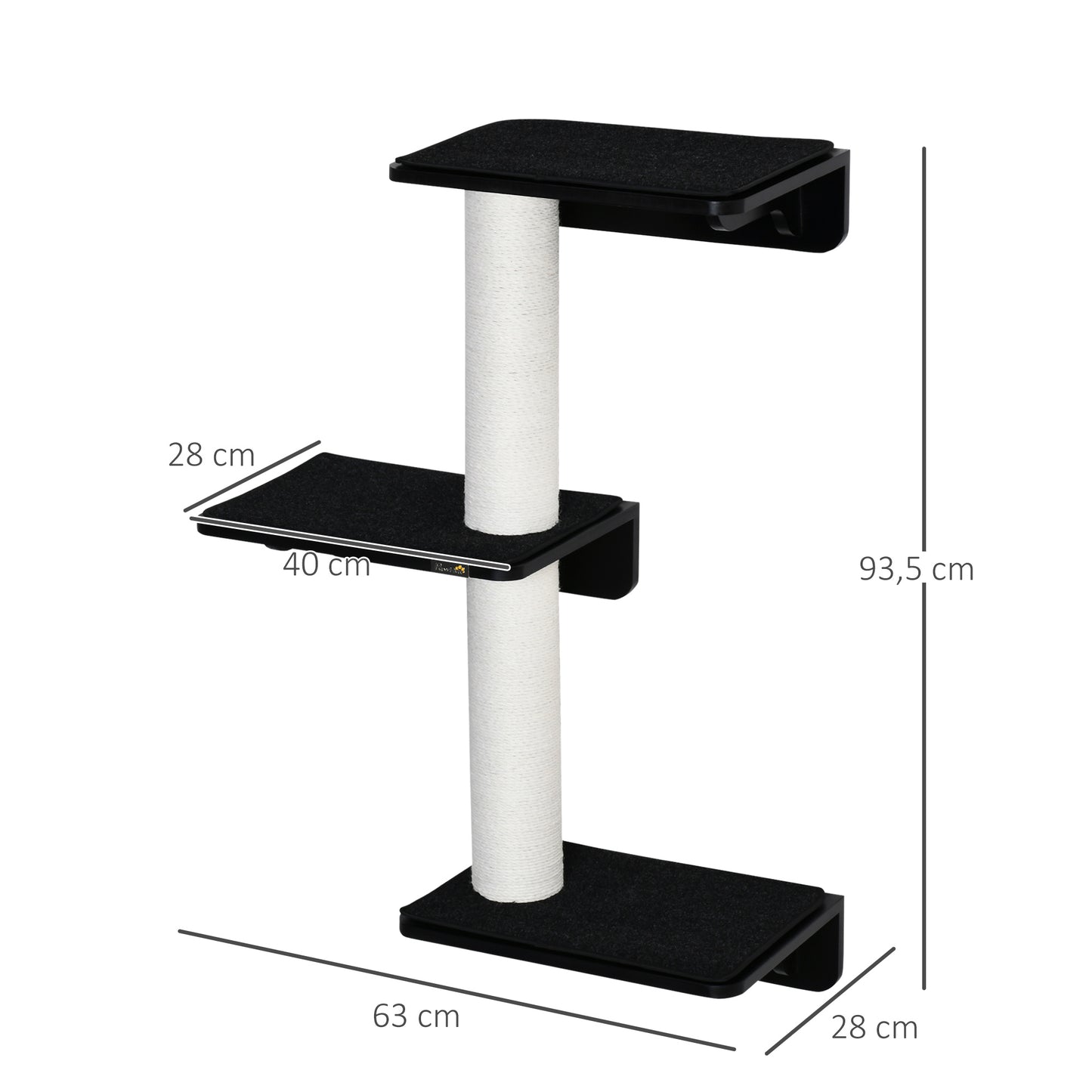 PawHut Árvore para Gatos de Parede com 3 Plataformas Almofada Removível e 2 Postes de Arranhar de Juta Torre para Escalar 63x28x93,5cm Preto e Bege