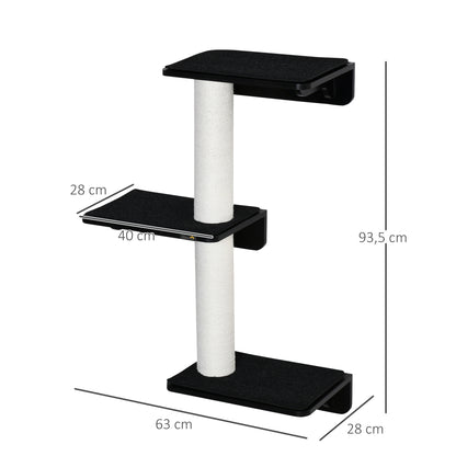 PawHut Árvore para Gatos de Parede com 3 Plataformas Almofada Removível e 2 Postes de Arranhar de Juta Torre para Escalar 63x28x93,5cm Preto e Bege