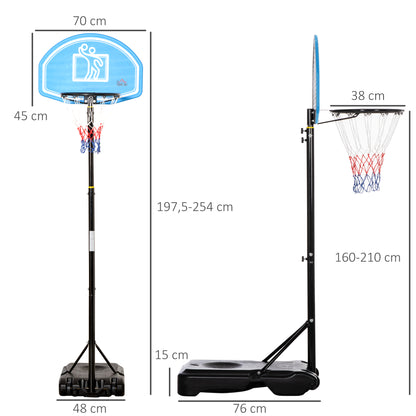 HOMCOM Tabela de Basquetebol para Exterior com Altura Ajustável 160-210cm Cesta de Basquetebol com Rodas Tabela de PE e Base Recarregável 76x70x197,5-254cm Preto e Azul