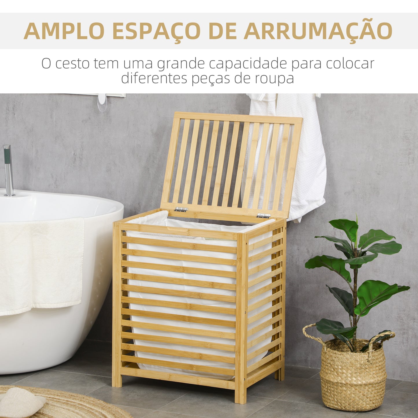 Cesto de Roupa de Bambu Cesto Roupa Suja Capacidade 55L com Bolsa Amovível Forma Retangular 50x36x60 cm Madeira