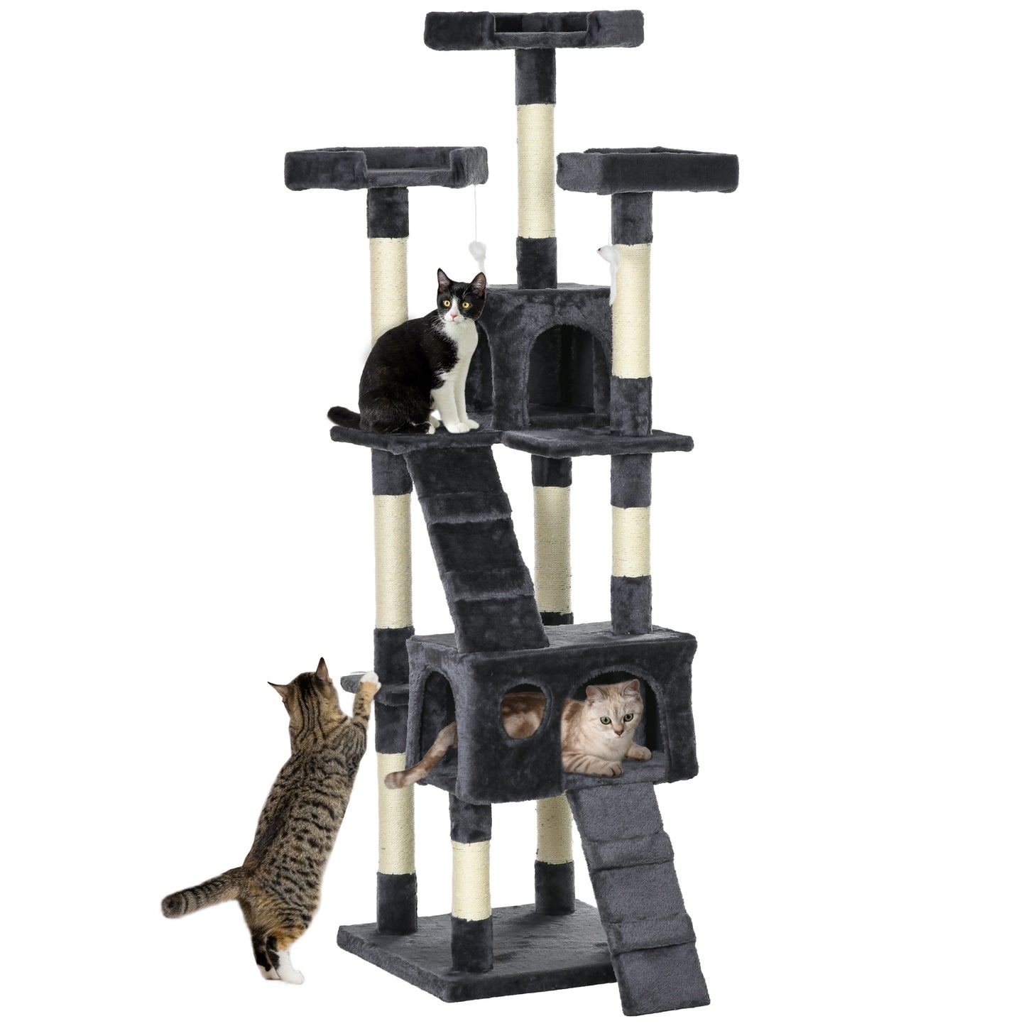 PawHut Arranhador para Gatos Grande 49x49x173 cm com Múltiplos Níveis Cavernas Brinquedos Suspensos Centro de Atividades de Sisal Cinza Escuro