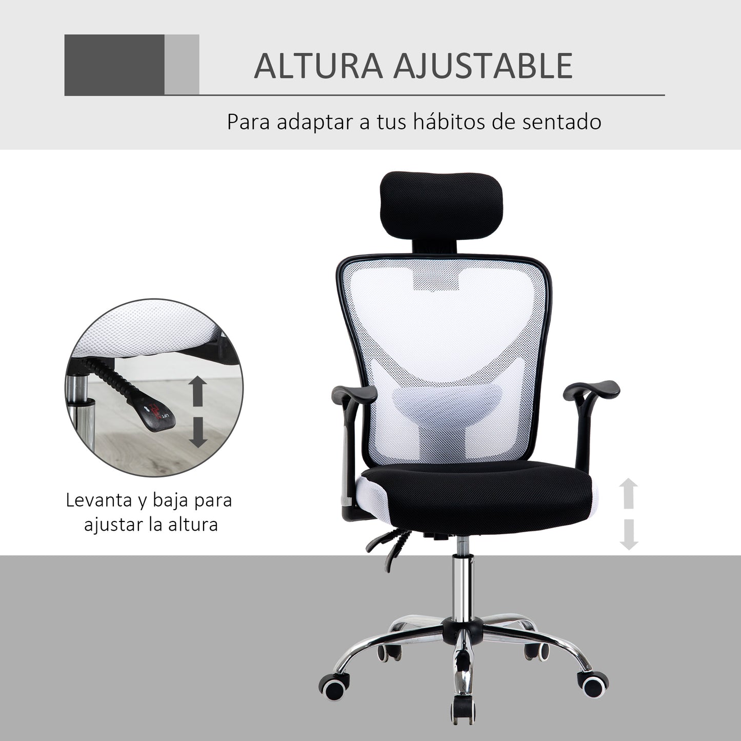 Cadeira de Escritório Ergonômica Cadeira de Escritório Giratória com Altura Ajustável Função Reclinável Apoio para a Cabeça e Suporte Lombar 65x67x108-118cm Branco