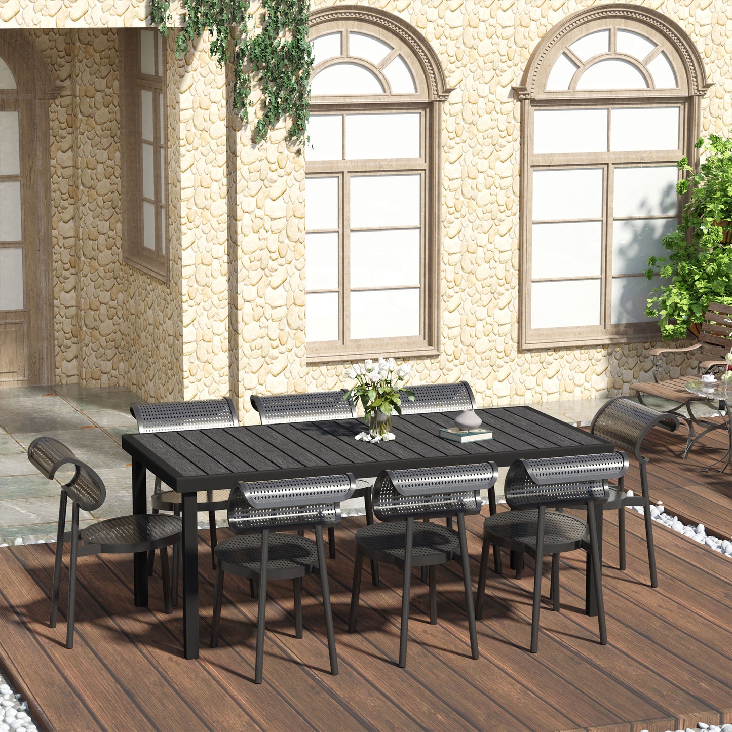 Outsunny Mesa de Jardim Retangular Mesa de Exterior para 8 Pessoas com Bancada de Ripas e Estrutura de Alumínio para Terraço Balcão 190x90x74cm Preto