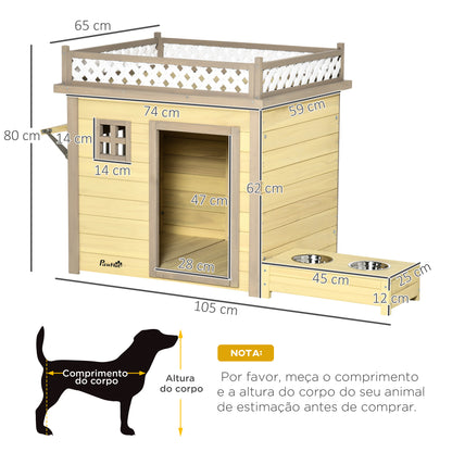 PawHut Casa para Cães de Madeira Casa para Cães Pequenos com 2 Janelas 2 Tigelas de Aço Inoxidável e Espaço de Cultivo para Interior e Exterior 105x65x80cm Natural