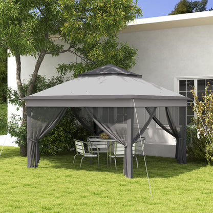 Outsunny Tenda Dobrável 3,26x3,26x2,72 m Tenda de Jardim com Duplo Teto Altura Ajustável 4 Painéis de Malha Proteção UV30+ e Bolsa de Transporte para Festas Campismo Cinza