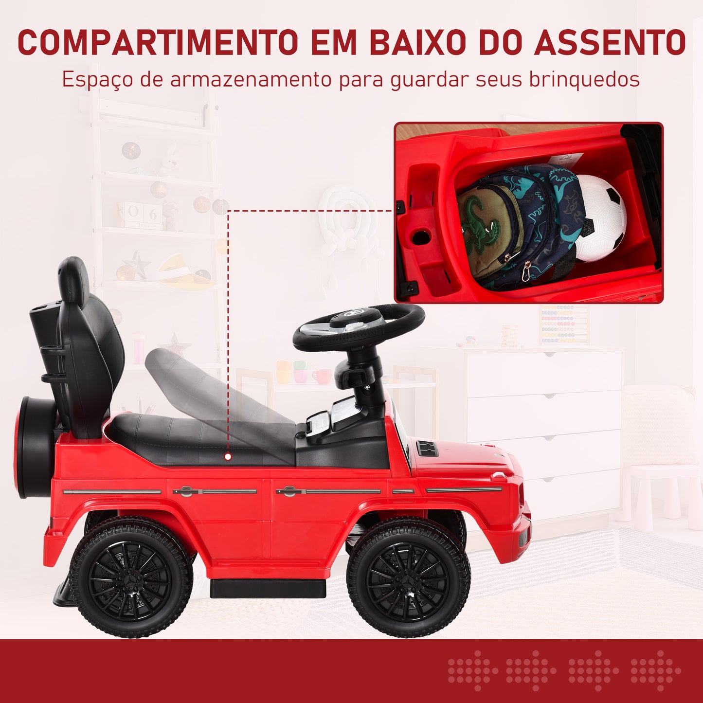 HOMCOM Carro de Passeio Carro Andador para Crianças acima de 12 Meses Mercedes G350 com Buzina Capô Removível Encosto e Suporte de Proteção 85,5x40,5x95 cm Vermelho