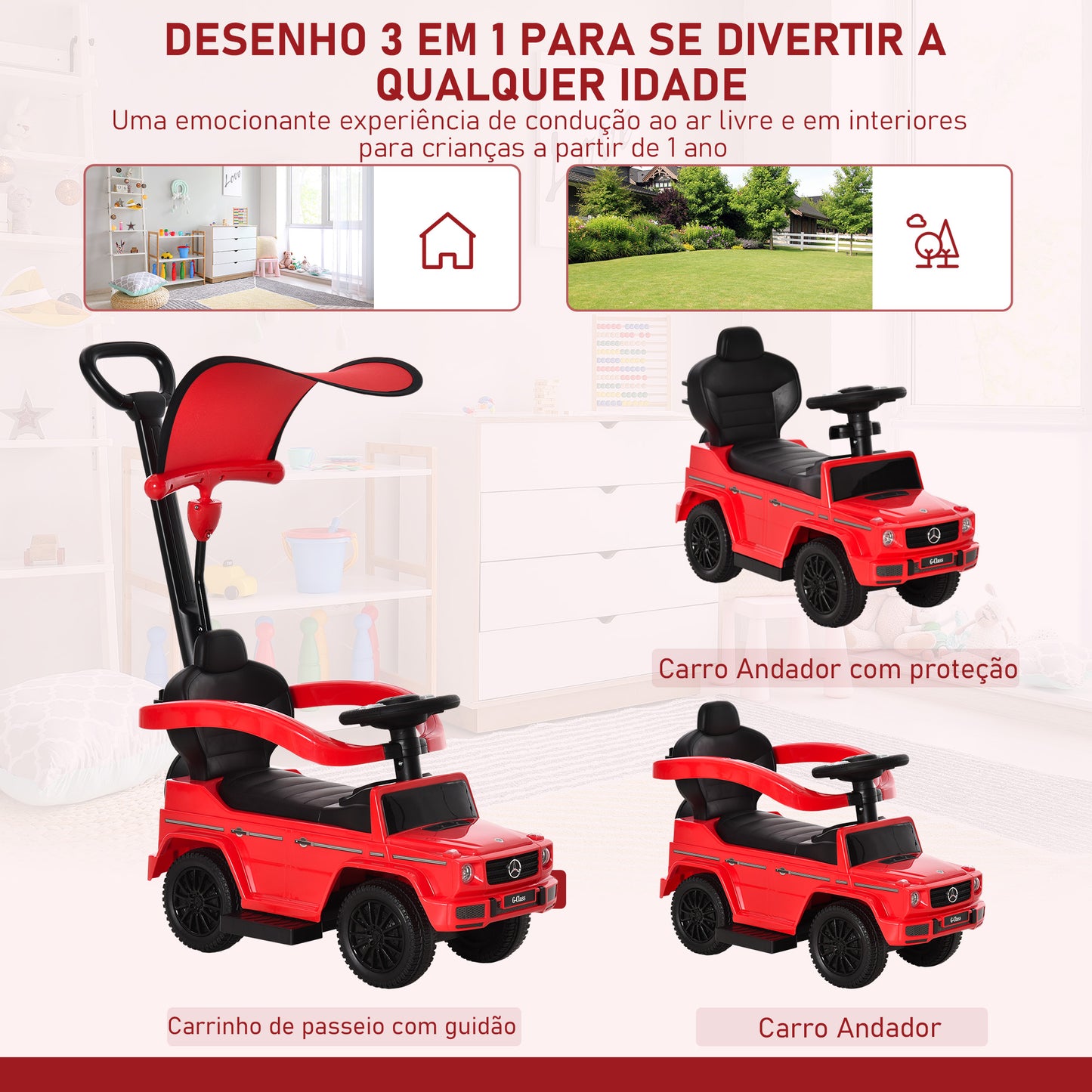 HOMCOM Carro de Passeio Carro Andador para Crianças acima de 12 Meses Mercedes G350 com Buzina Capô Removível Encosto e Suporte de Proteção 85,5x40,5x95 cm Vermelho