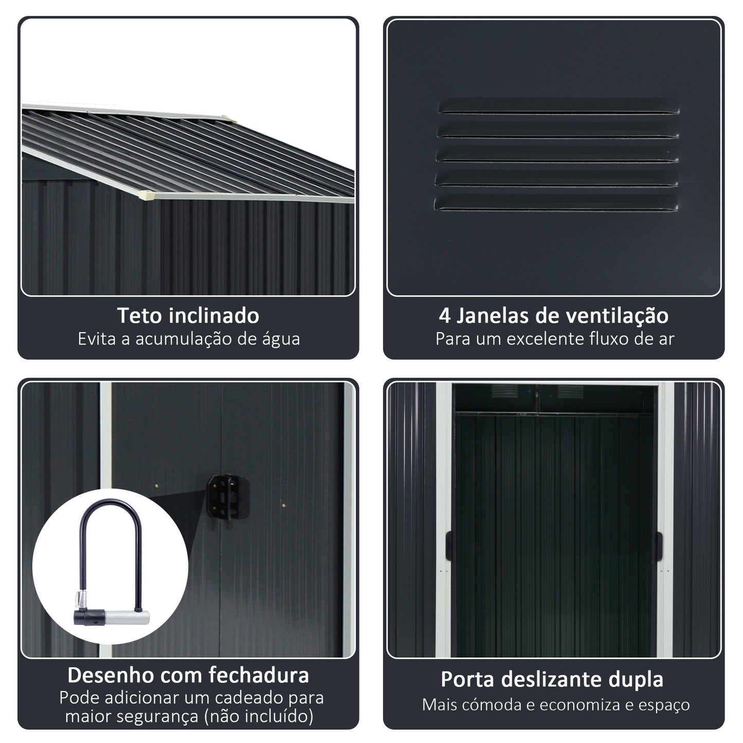 Outsunny Abrigo de Jardim de 4,1 m² 236x174x190 cm Abrigo de Exterior para Armazenamento de Ferramentas com Portas de Correr e 4 Janelas de Ventilação para Pátio Cinza