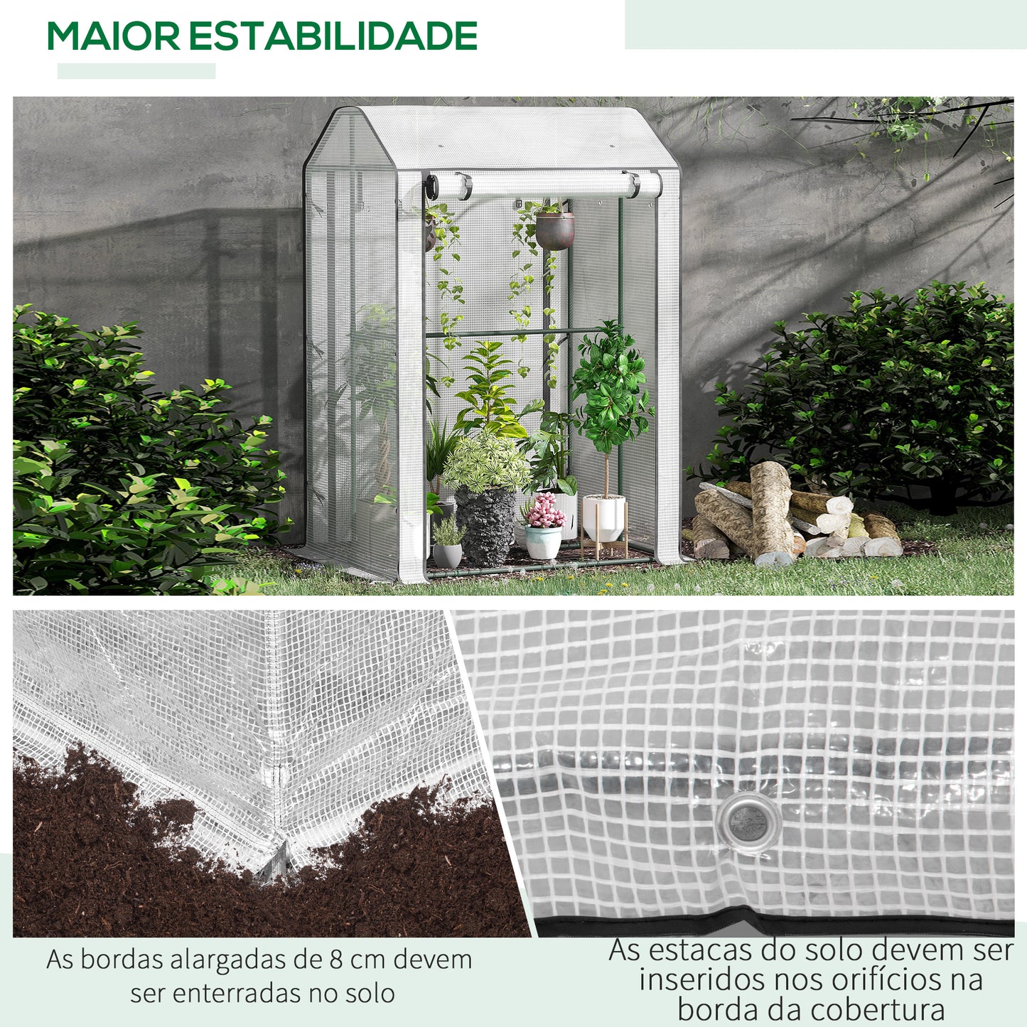 Outsunny Estufa de Jardim Estufa com Porta Enrolável 8 Orifícios de Ventilação e Estrutura de Metal para Cultivo de Plantas 100x80x150cm Branco