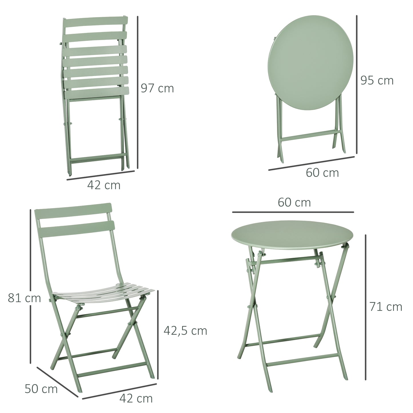 Outsunny Conjunto de Móveis de Jardim Dobráveis Conjunto de 1 Mesa Redonda e 2 Cadeiras de Varanda com Estrutura de Aço para Pátio Verde Escuro