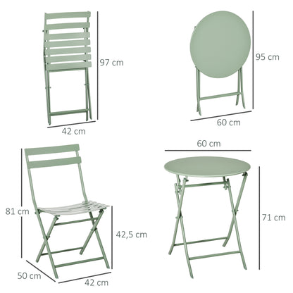 Outsunny Conjunto de Móveis de Jardim Dobráveis Conjunto de 1 Mesa Redonda e 2 Cadeiras de Varanda com Estrutura de Aço para Pátio Verde Escuro