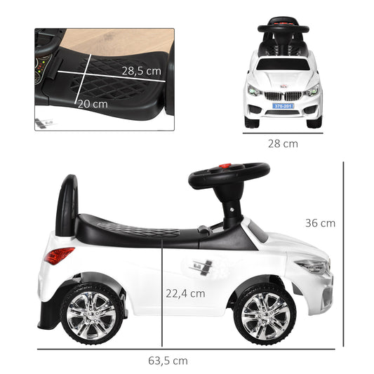 Carro Andador para Crianças de 18-36 Meses com Faróis Música Buzina Volante Compartimento de Armazenamento e Alça para Empurrar 63,5x28x36 Branco