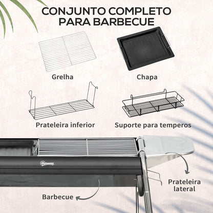 Outsunny Barbecue a Carvão Barbecue Portátil com Grelha de Aço Inoxidável Prateleira para Temperos e Prateleira de Armazenamento para Jardim Campismo 96x61x72 cm Preto